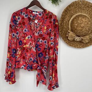 Parker Isabella Floral Wrap Flutter Bell Sleeve Silk Blend Feminine Blouse Small